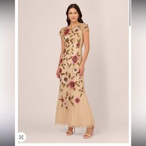 Adrianna Papell FLORAL BEADED MERMAID GOWN ILLUSION NECK SHORT SLEEVE NUDE NWT